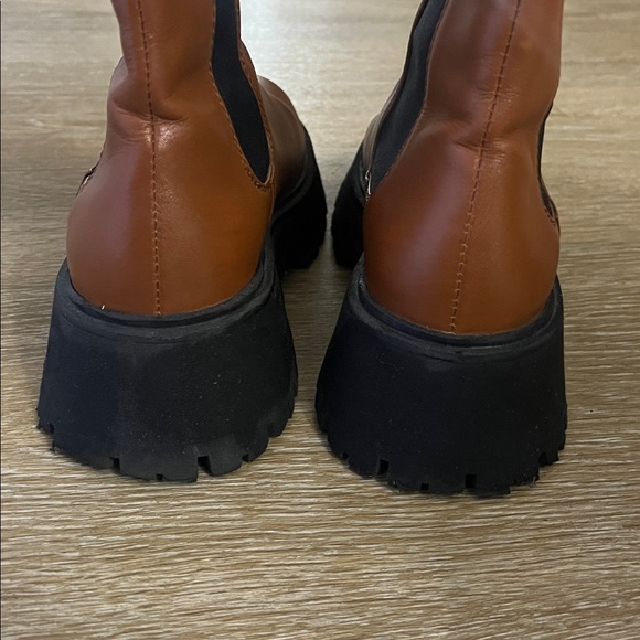 Zara Leather Lug Sole Chunky Ankle Chelsea Combat Boots Cognac Brown Black 37 - Picture 9 of 13